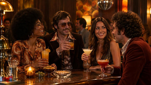 Well-dressed guests enjoying classic 1970s cocktails at a vintage-themed bar with warm lighting and retro décor