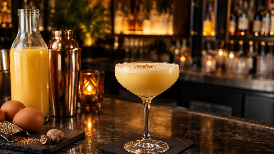 Creamy advocaat cocktail in coupe glass with nutmeg garnish and fresh eggs at a luxury bar setting