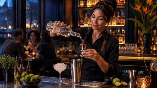 Bartender pouring agave spirits into a mixing glass at an upscale bar, demonstrating cocktail preparation with fresh citrus