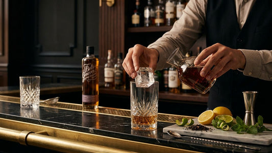Bartender pouring whiskey over ice in crystal glass at upscale bar with citrus garnish and premium spirits