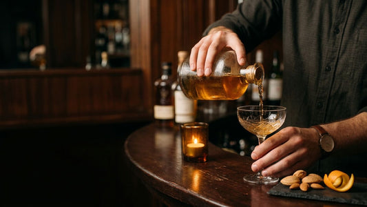 Bartender pouring golden almond flavored liqueur into a coupe glass at an elegant bar counter with candlelit ambiance
