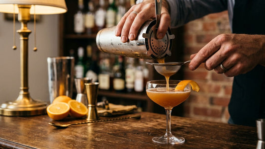 Bartender strains golden amaretto mixed drink into coupe glass with orange twist garnish