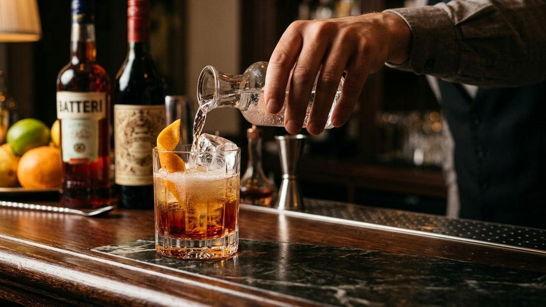 Bartender pouring spirit into ice-filled glass with orange slice to prepare an Americano cocktail at bar counter