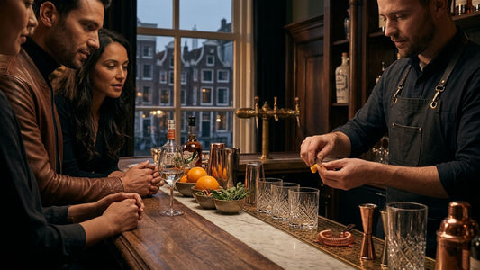 Skilled bartender crafting cocktails at upscale Amsterdam bar, showcasing the city's vibrant mixology and spirits culture