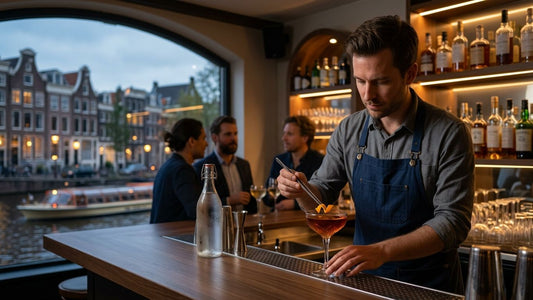Skilled bartender crafting a cocktail at an upscale Amsterdam bar with canal views, capturing the city's vibrant evening