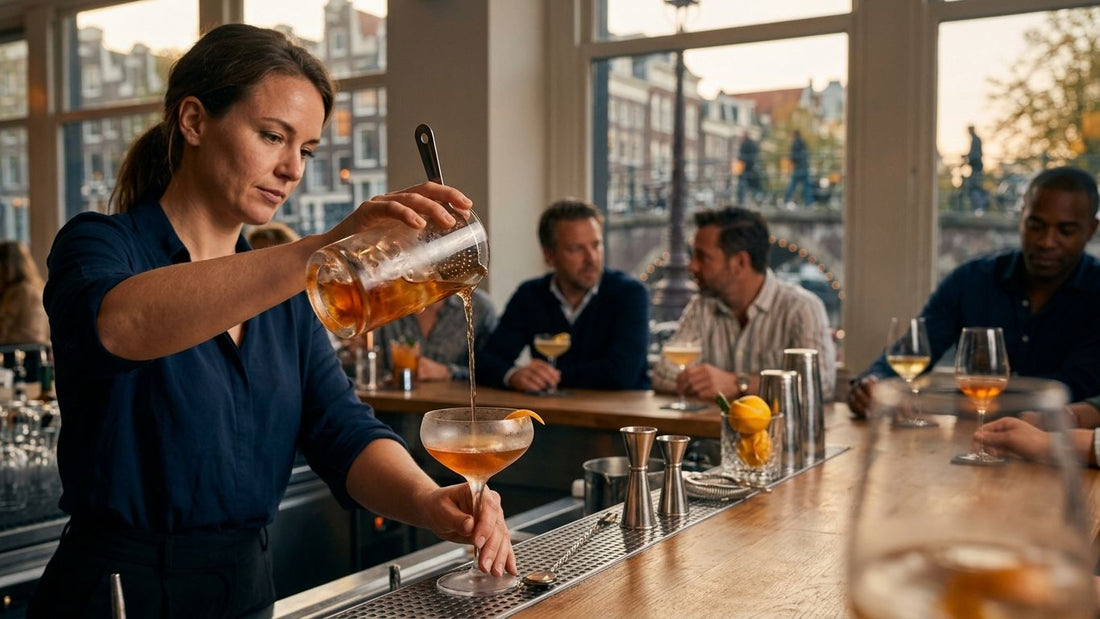 Expert bartender crafting cocktails at an upscale Amsterdam bar with city views, showcasing the city's vibrant cocktail