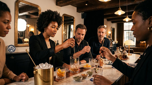 Professional mixologists teach guests craft cocktail techniques at an upscale Amsterdam bar during an interactive