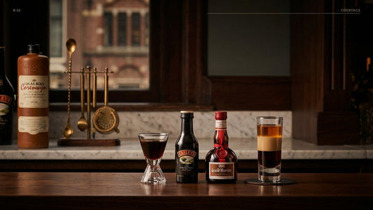 Three bottles of Kahlúa coffee liqueur, Baileys Irish cream, and Grand Marnier arranged with a layered shot glass on a bar