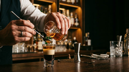 Bartender layering a B52 cocktail shot by pouring liqueur over a bar spoon into a glass with layered ingredients