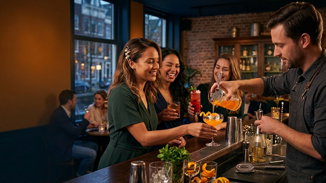 Bartender pouring vibrant cocktail for bachelorette party guests at upscale Amsterdam bar with friends celebrating