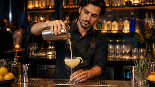 Bartender pouring golden Bees Knees cocktail into chilled glass with lemon twist, showcasing classic gin and honey drink