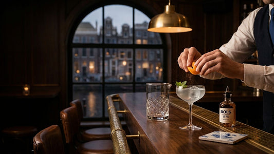 Bartender mixing a classic cocktail with Bols Amsterdam 1575 spirits in an elegant bar with arched windows overlooking
