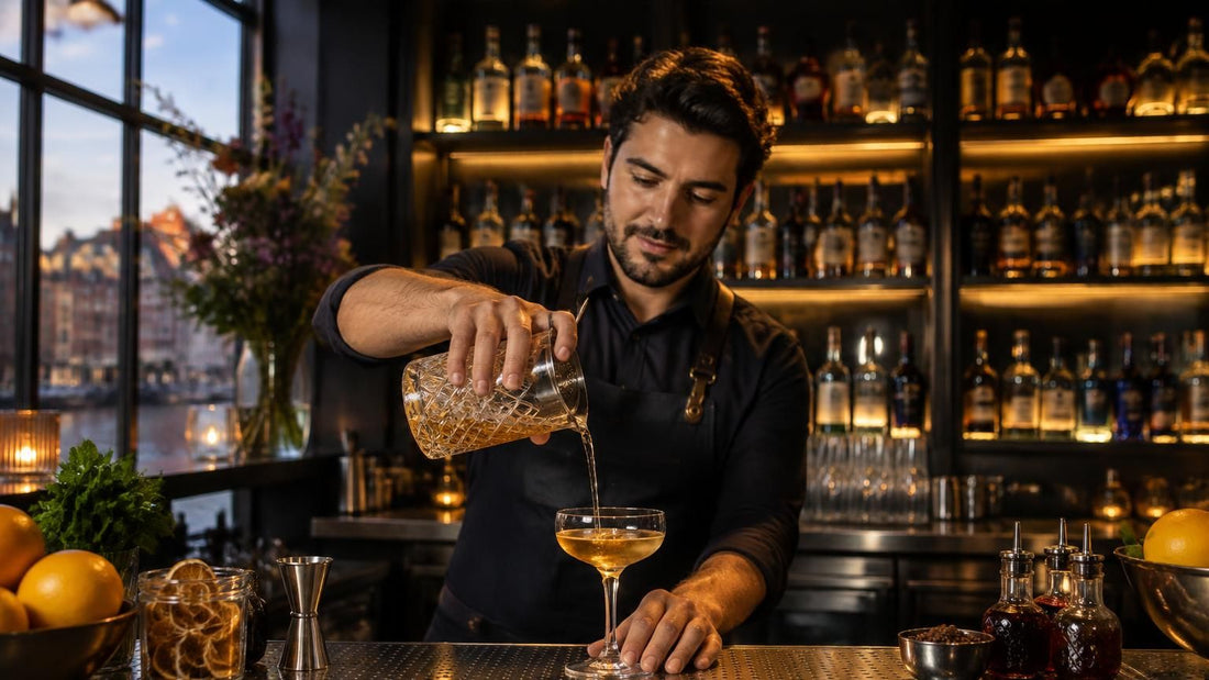 Bartender pouring golden botanical liqueur from crystal pitcher into coupe glass at upscale bar with city views
