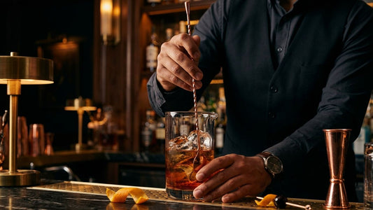 Skilled bartender stirring a bourbon cocktail with ice in a premium glass at an upscale bar