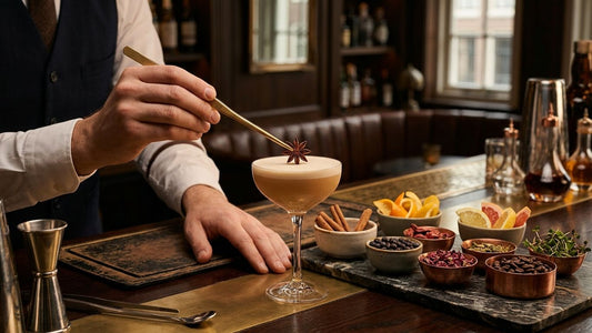Bartender garnishing a craft cocktail with star anise at an upscale bar, demonstrating elegant presentation techniques