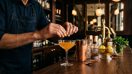 Bartender squeezing fresh lemon into a golden cocktail at an upscale bar counter with premium spirits and tools