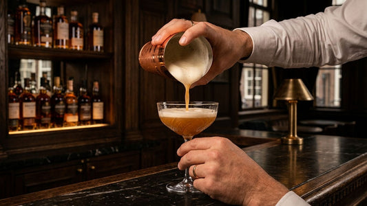 Bartender pouring egg white cocktail into coupe glass with silky foam layer in upscale bar setting
