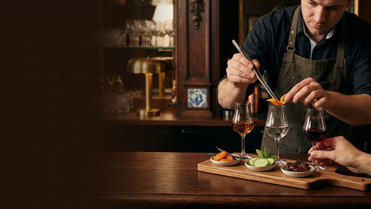 Bartender demonstrating flavor pairing techniques with multiple liqueur samples and garnishes on a wooden board