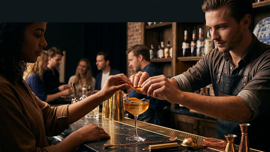 Bartender pouring a golden cocktail for young woman in trendy Amsterdam bar with guests socializing in background