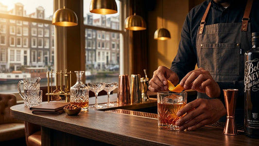 Bartender squeezing citrus peel over gin cocktail in crystal glass at upscale Amsterdam bar with canal views