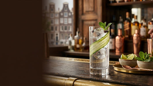 Highball glass filled with ice, fresh cucumber slice, mint, and berries in an elegant bar setting with premium spirits