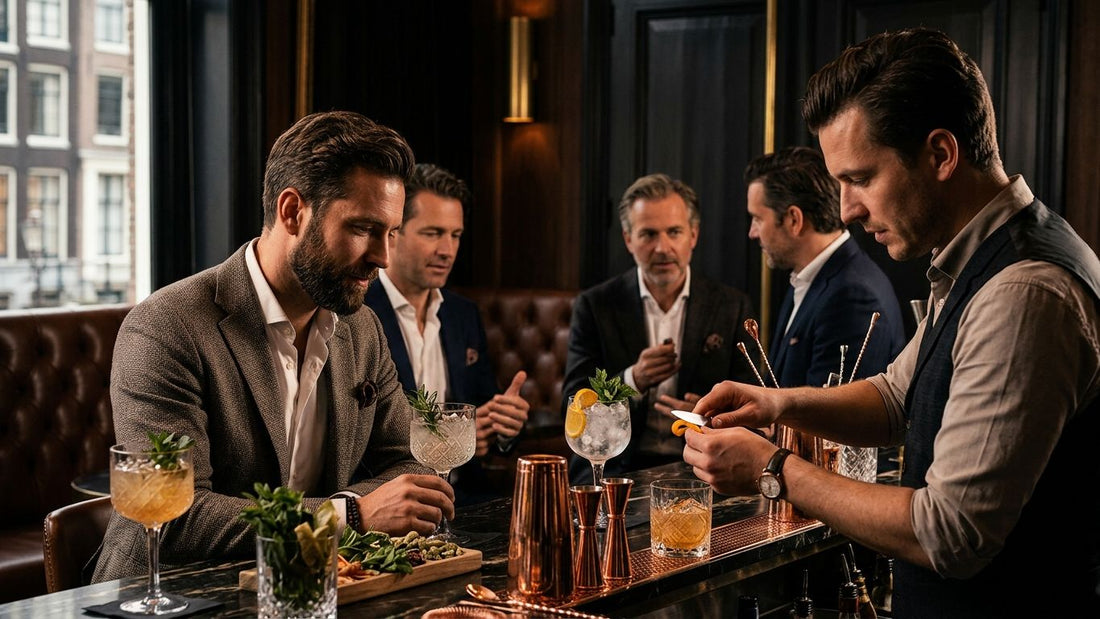 Well-dressed men enjoying premium cocktails at an upscale Amsterdam bar during a sophisticated stag do celebration