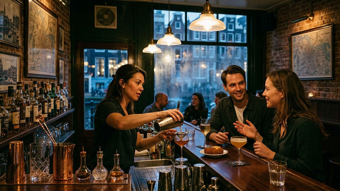 Bartender pouring craft cocktails for guests at an upscale Amsterdam bar with vintage décor and city views