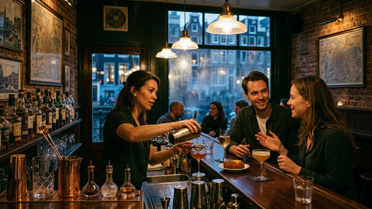 Bartender pouring craft cocktails for guests at an upscale Amsterdam bar with vintage décor and city views