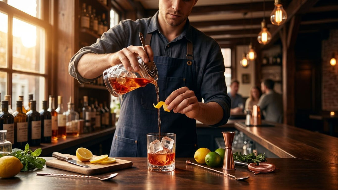 Skilled bartender pouring craft cocktail with ice and lemon twist in upscale Amsterdam bar