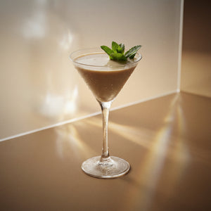 after eight cocktail with brown cream liqueur, cacao brown liqueur, and vodka, in a martini glass with a mint sprig on a reflective surface.