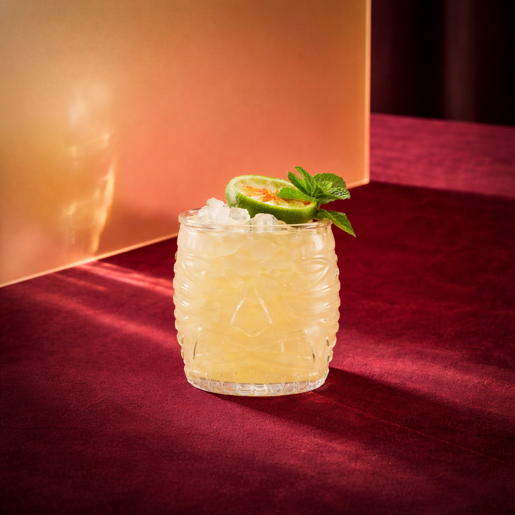 aged mai tai cocktail with dry orange liqueur and genever in a tiki glass with a lime wheel and a mint sprig on a red surface