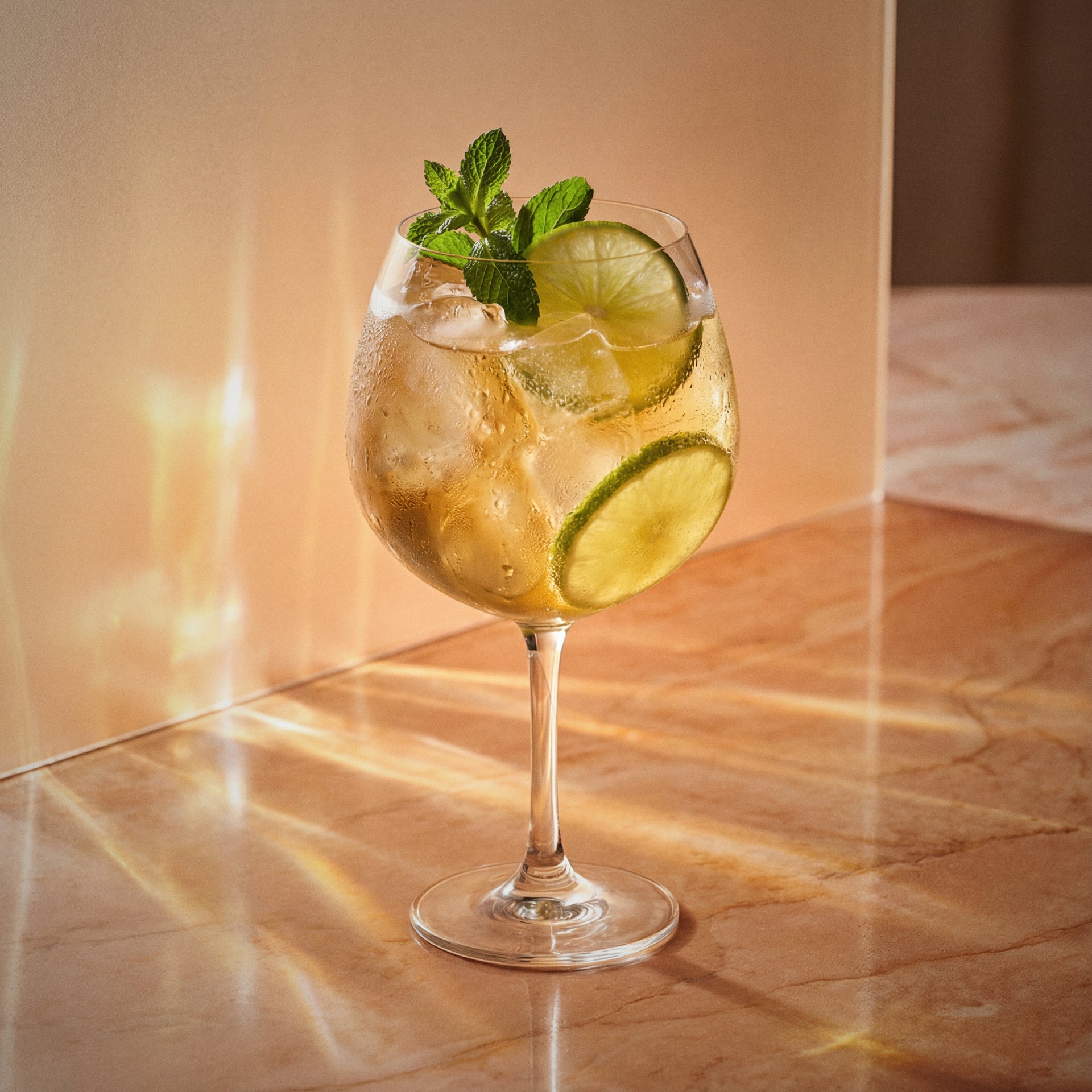 apricot brandy spritz cocktail with apricot brandy liqueur in a coppa glass with lime and mint on a marble surface