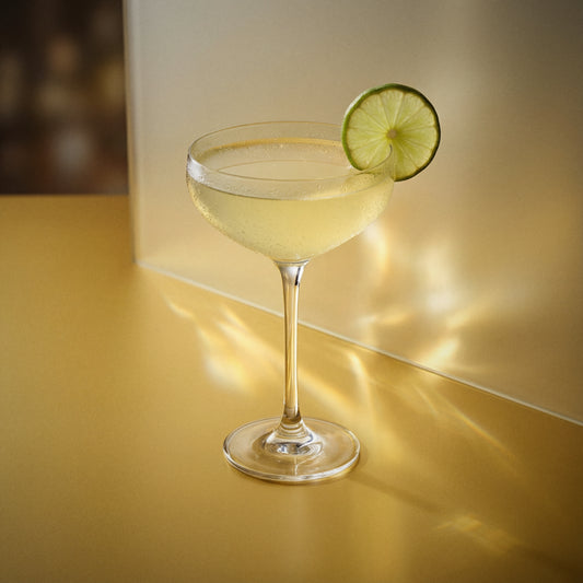 banana daiquiri cocktail in a coupe glass with a lime wheel with banana liqueur on a yellow surface