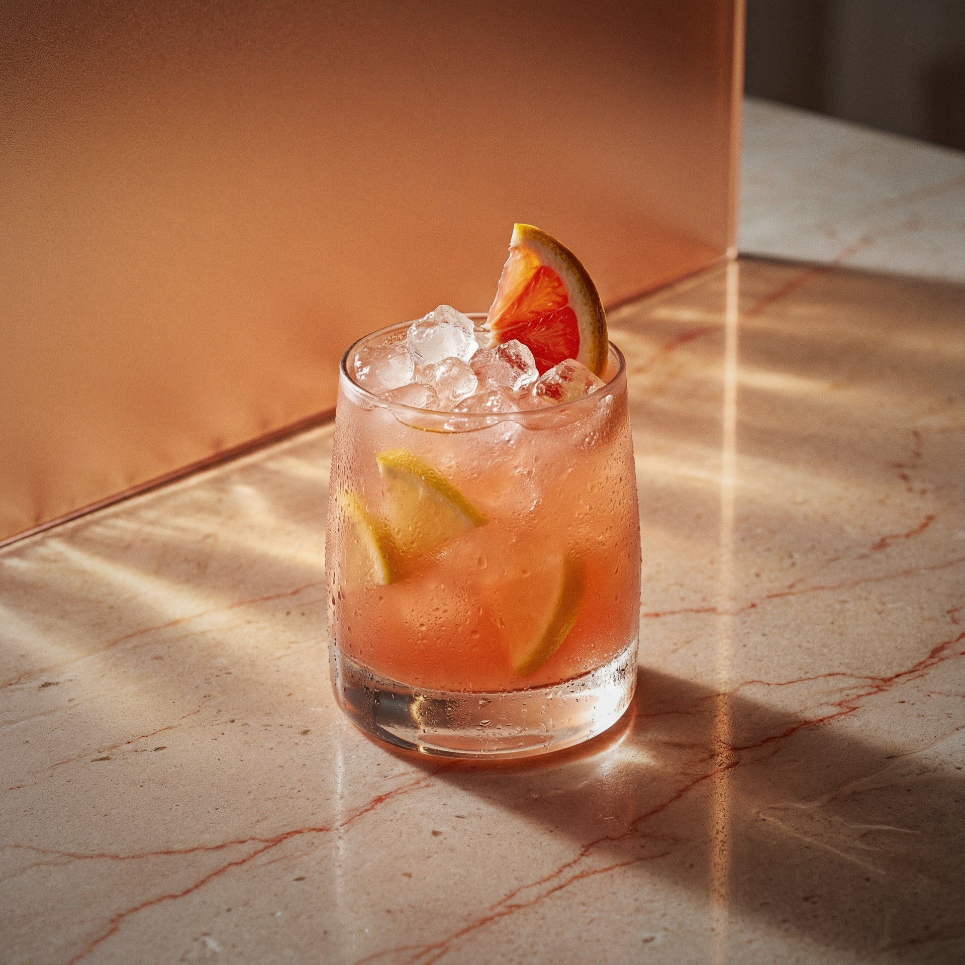 blood red orange cocktail with red orange liqueur and genever in a rocks glass with grapefruit garnish on a marble surface