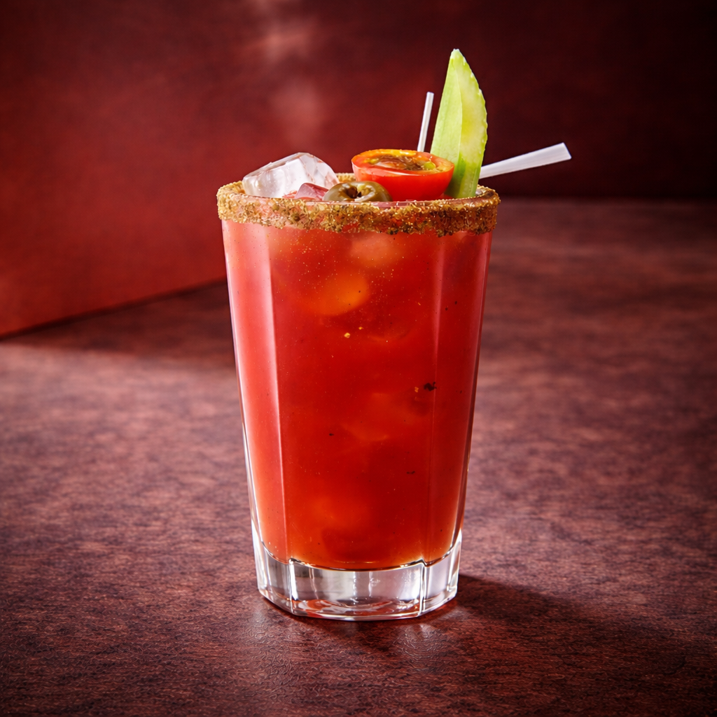 bloody mary cocktail with vodka in a highball glass with vegetable garnishes on a dark surface