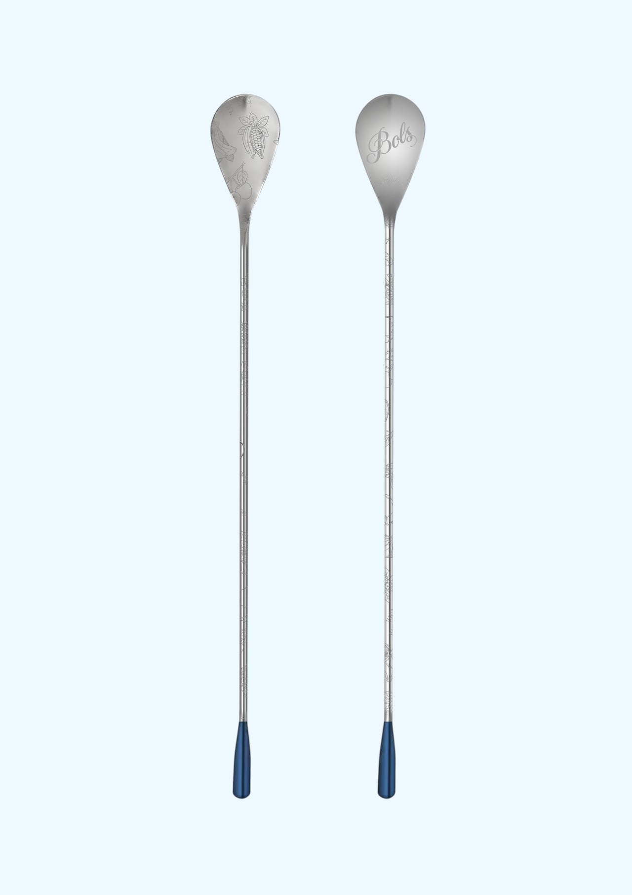 long metal barspoons with blue handle and engraved script logo, shown upright on a light blue background.