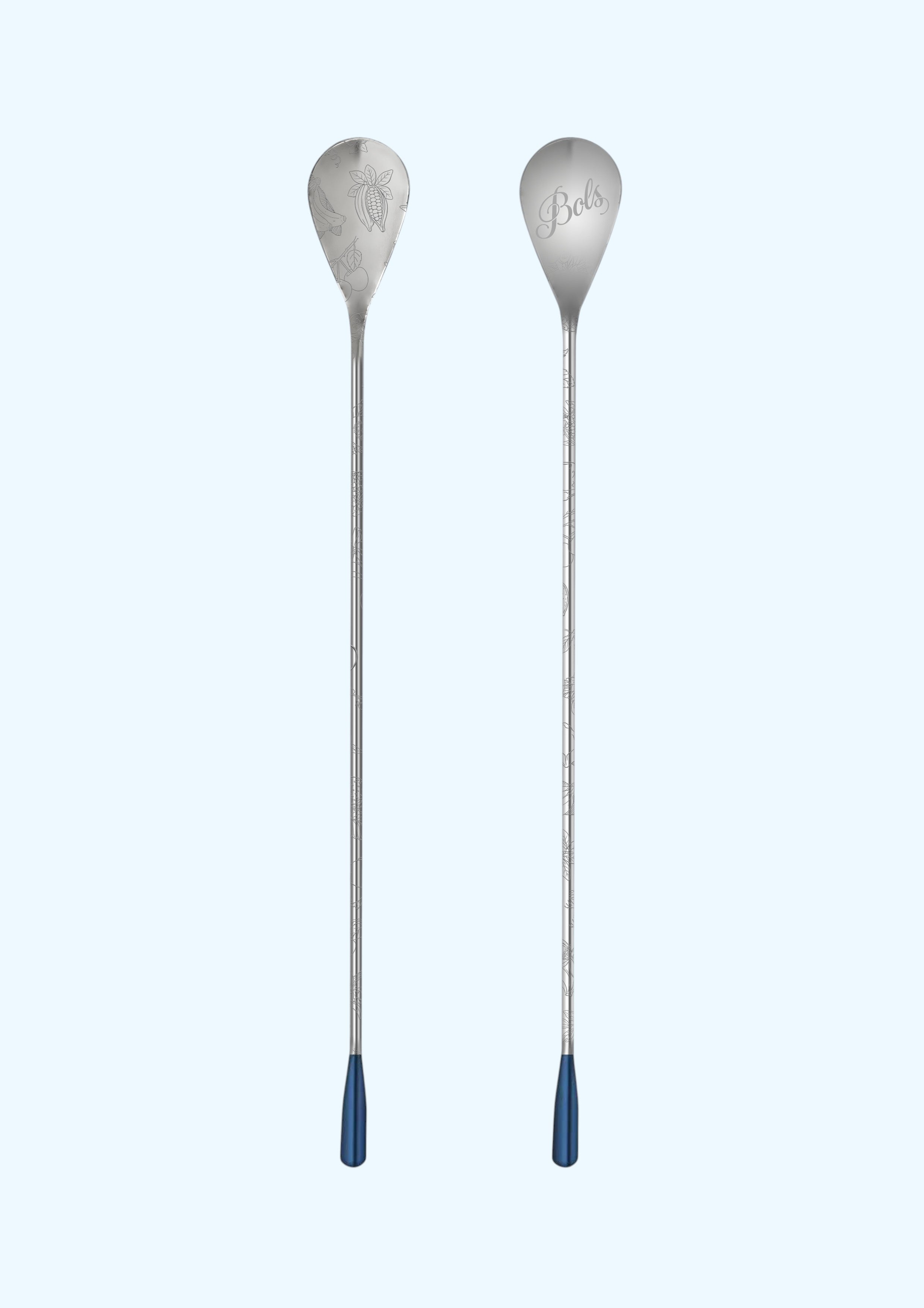 long metal barspoons with blue handle and engraved script logo, shown upright on a light blue background.