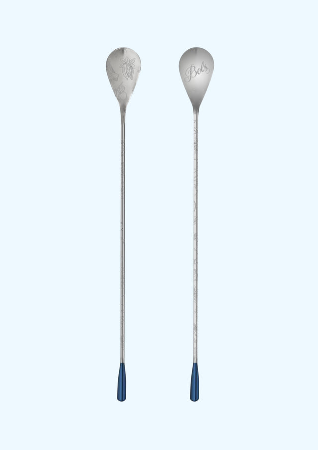 long metal barspoons with blue handle and engraved script logo, shown upright on a light blue background.
