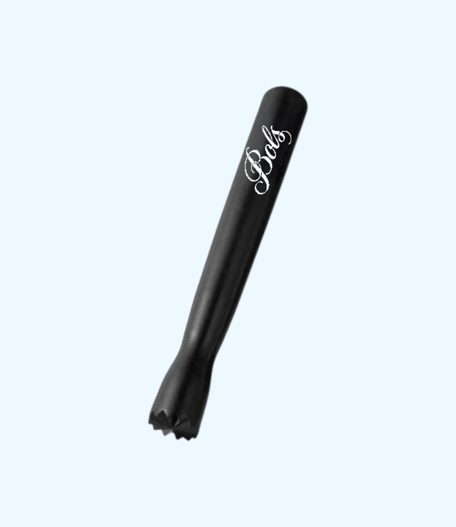 A black muddler tool with a white script logo reading 'Bobs' on its handle, shown against a solid light blue background.