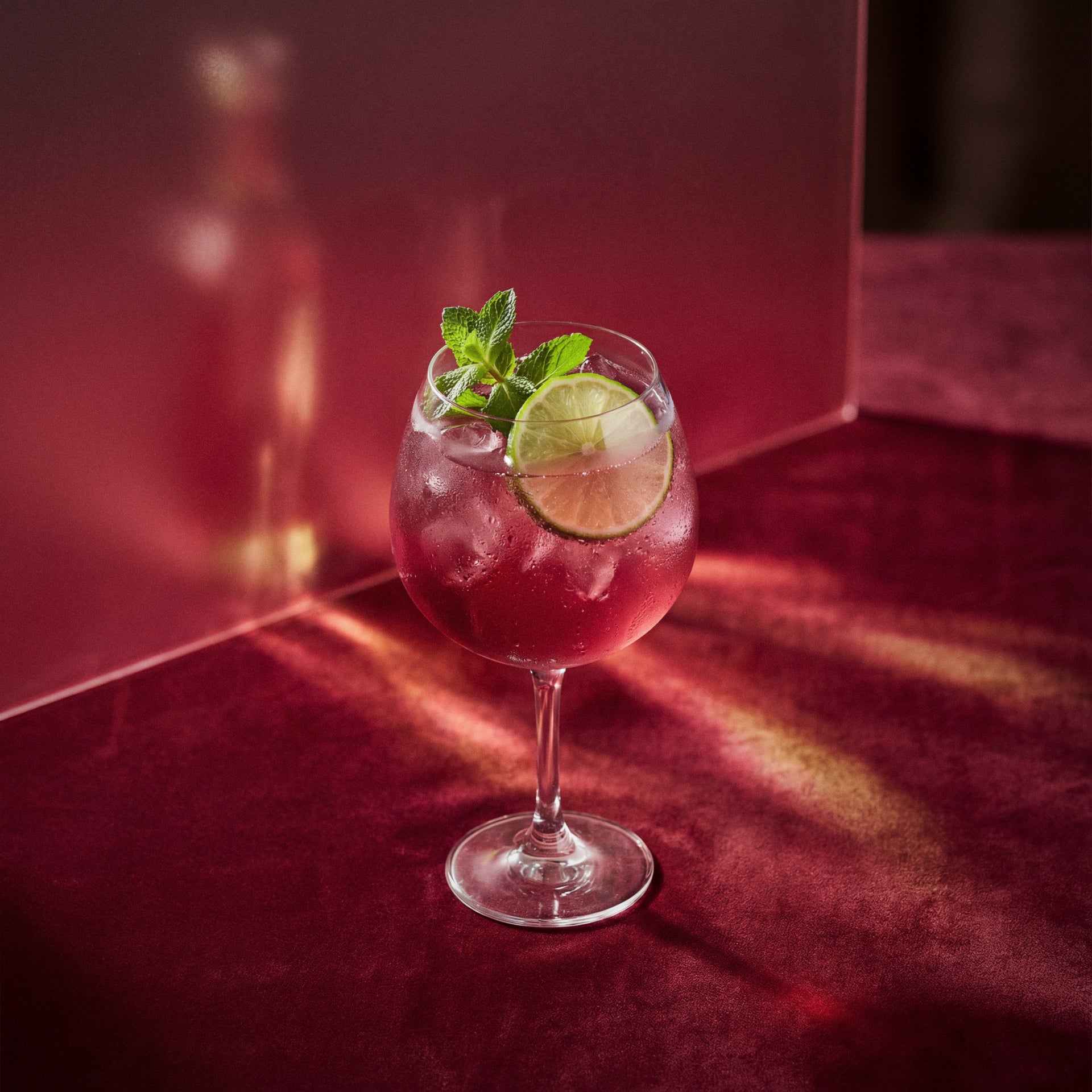 cherry spritz cocktail with cherry brandy liqueur in a coppa glass with a lime wheel and mint sprig on a textured surface