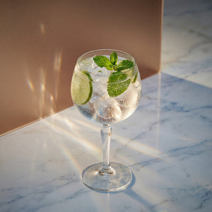 coconut spritz cocktail with coconut liqueur with lime and mint in a coppa glass on a marble surface