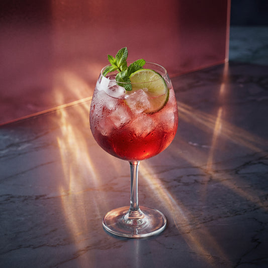 creme de cassis spritz cocktail with creme de cassis liqueur in a coppa glass and with lime wheel and mint sprig on a textured surface