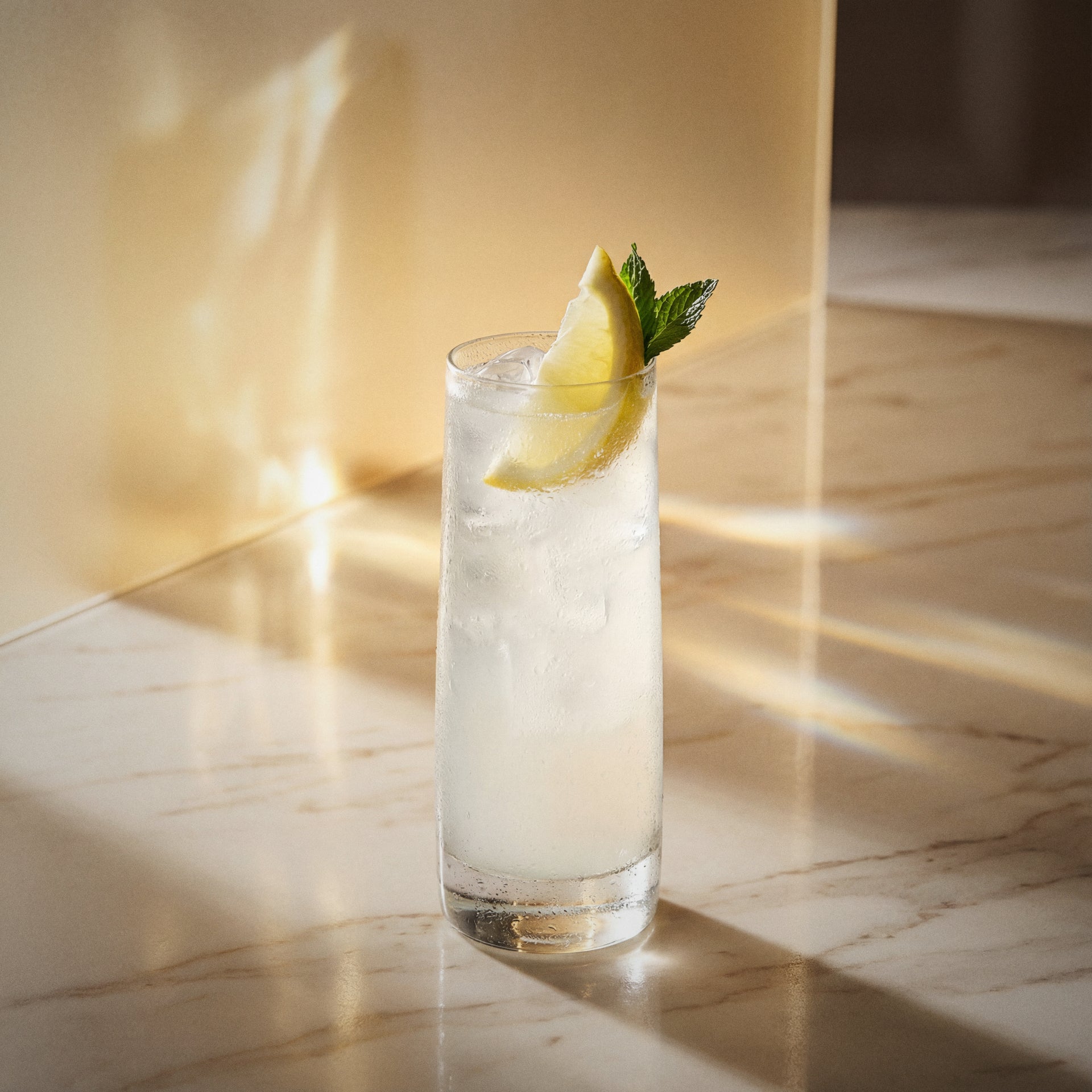 elderflower collins cocktail made with elderflower liqueur in a highball glass with a lemon wedge and mint on a textured surface