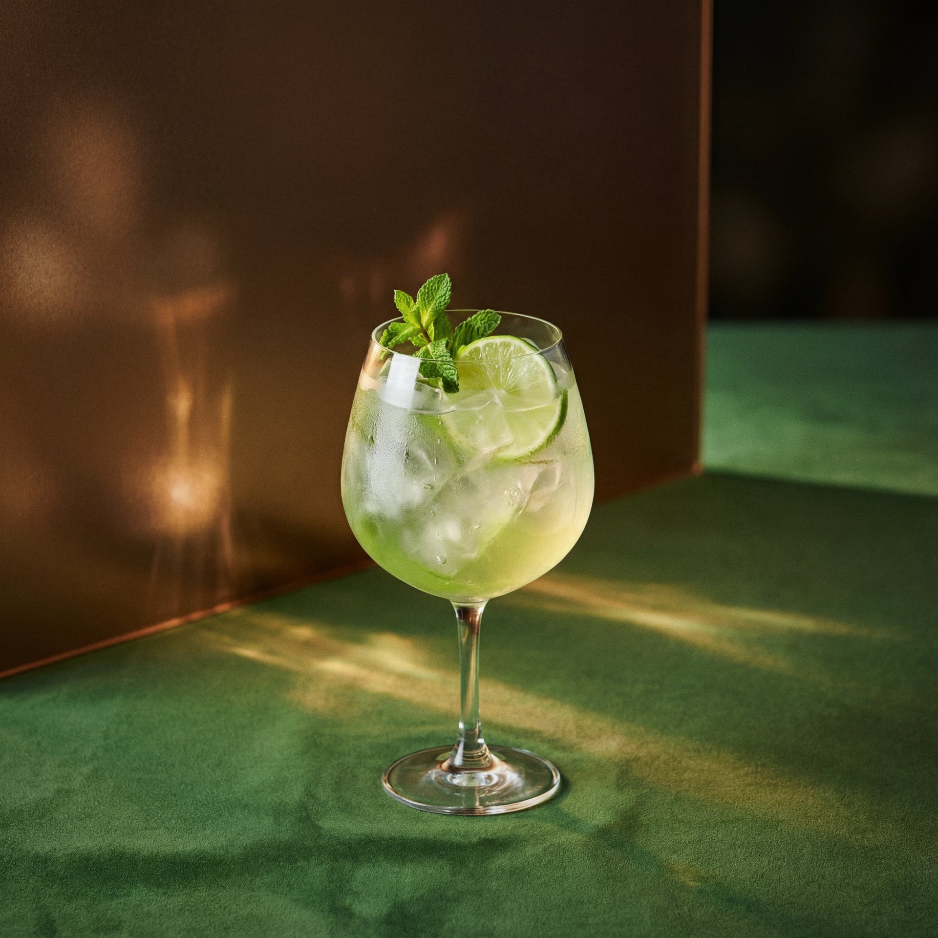 kiwi spritz cocktail with kiwi liqueur in a large wine glass and a lime wheel and mint sprig as garnish on a green background