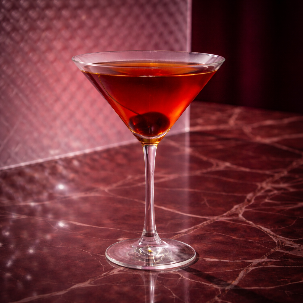 manhattan cocktail with genever in a martini glass with a cherry on a marbled surface