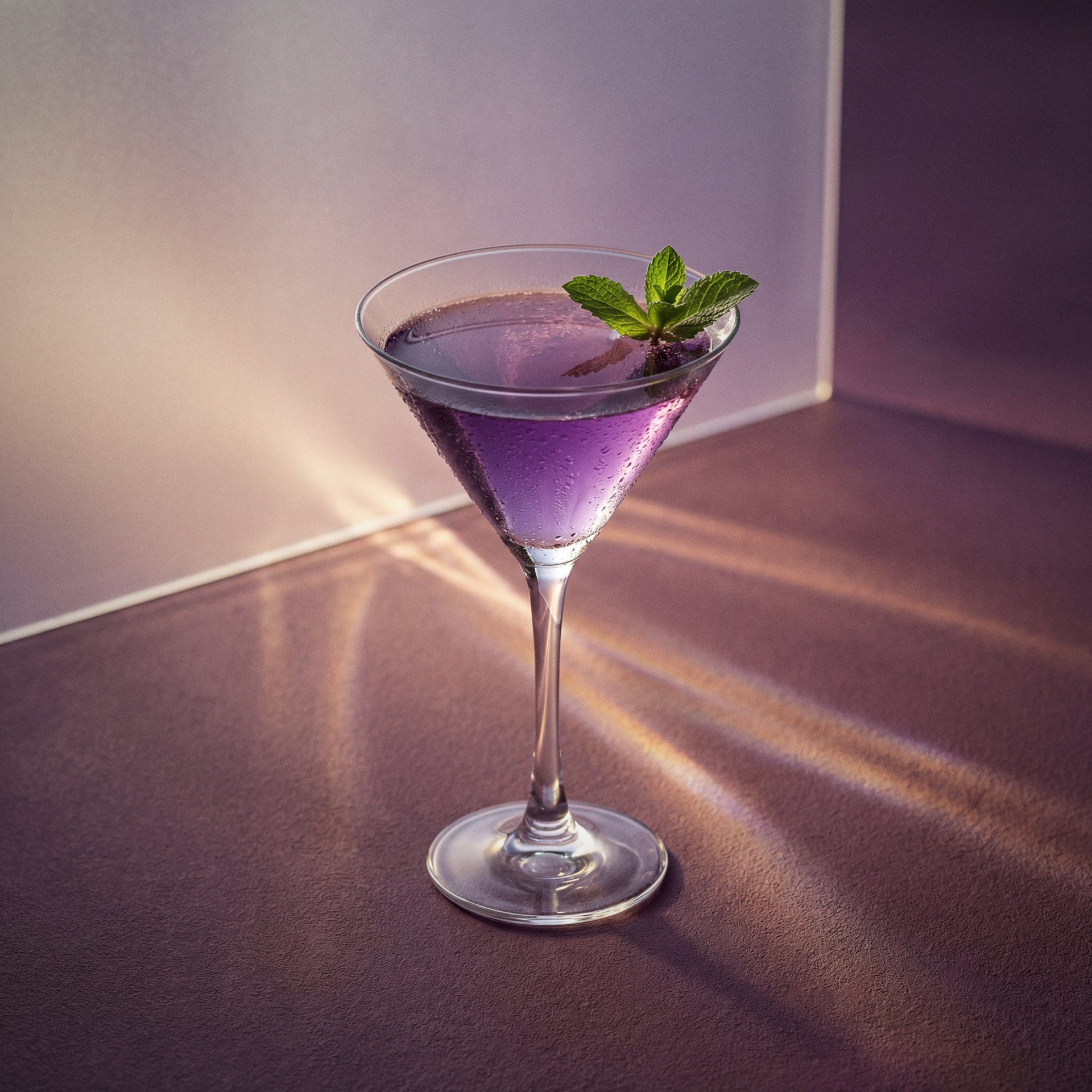 shades of grey cocktail in a martini glass with parfait amour liqueur an genever original, with a mint leaf on a textured surface.