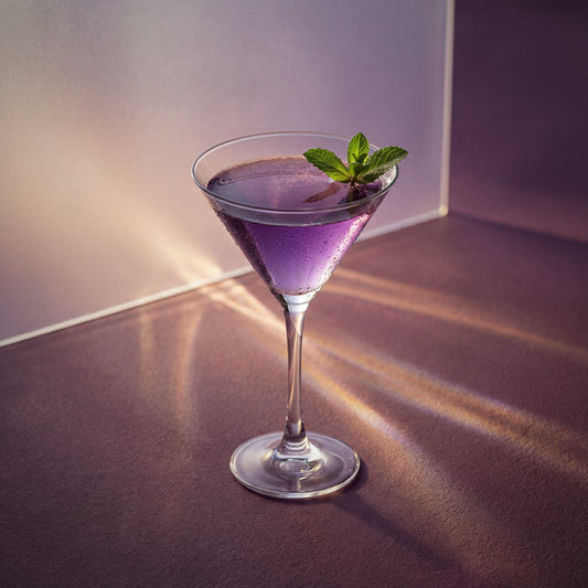 shades of grey cocktail in a martini glass with parfait amour liqueur an genever original, with a mint leaf on a textured surface.