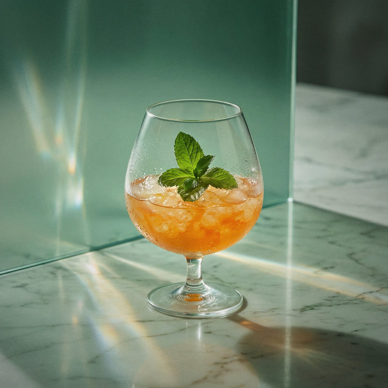 stinger cocktail with ice and mint leaves in a glass on a marble surface made with peppermint white liqueur