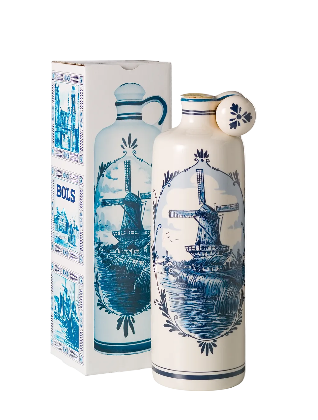 Decorative bottle with windmill design and packaging on a white background