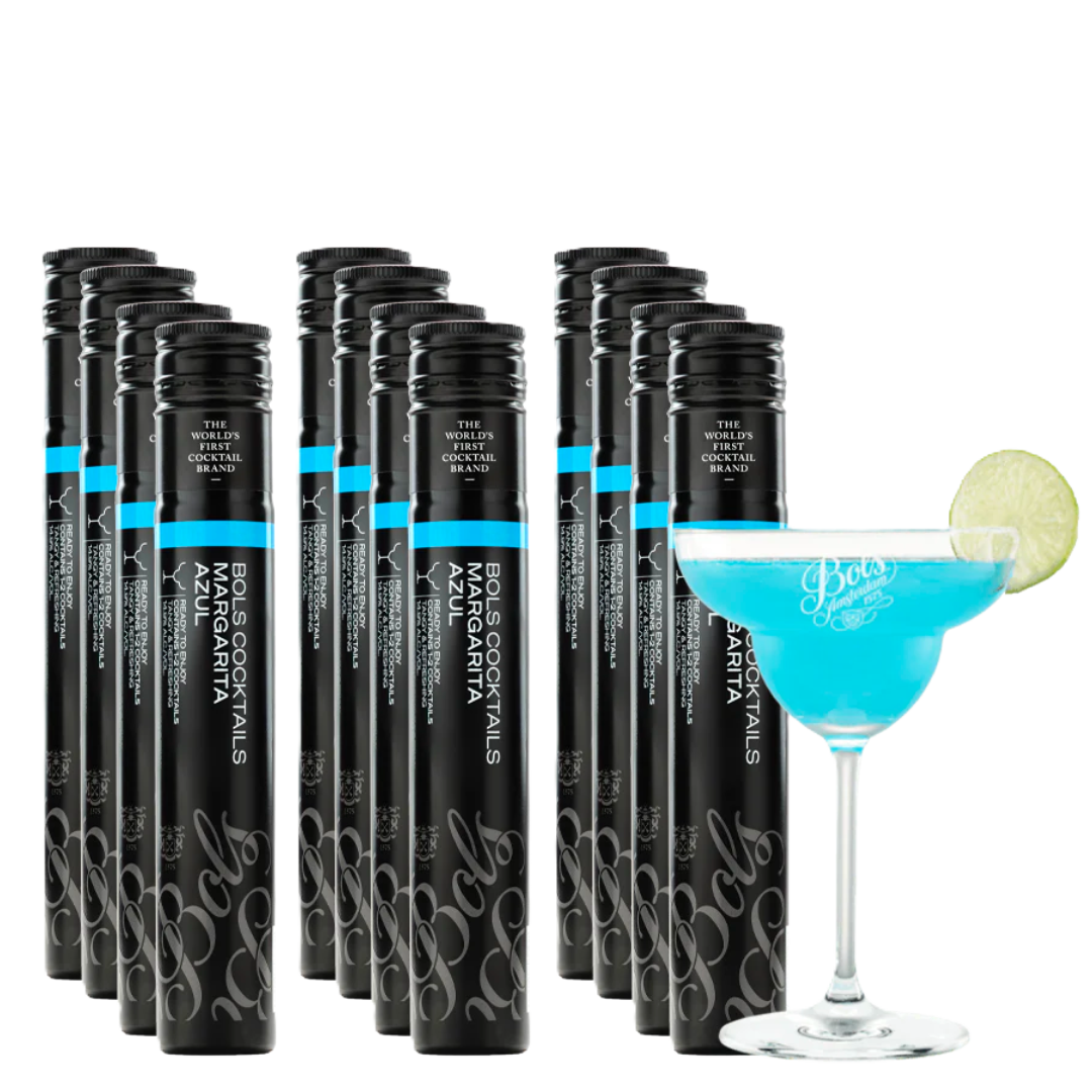 Multiple black cocktail tubes labeled Bols Margarita Azul, with a serving suggestion image of a blue cocktail (margarita) alongside.